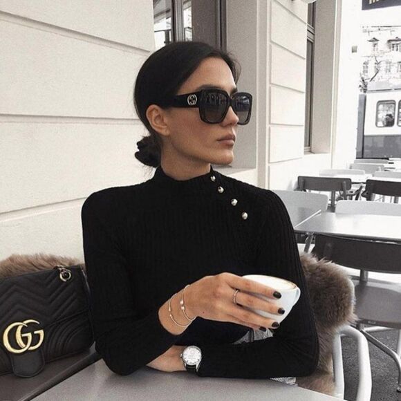 New GUCCI GG0141SN 001 Black Gold Logo Gray Gradient Square Women Sunglasses - Picture 5 of 13